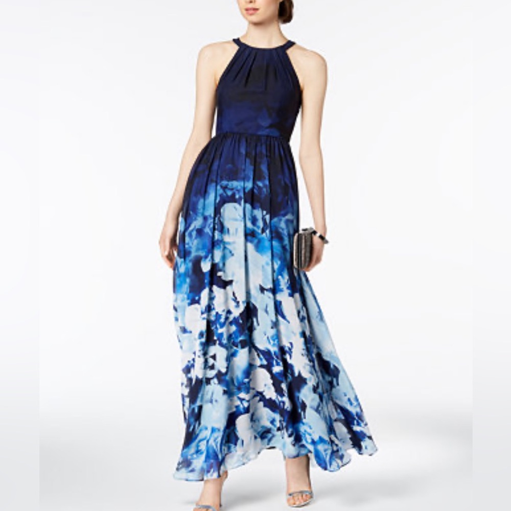 $225 Betsy & Adam Women's Blue Sleeveless Floral Halter Gown Dress Size 8